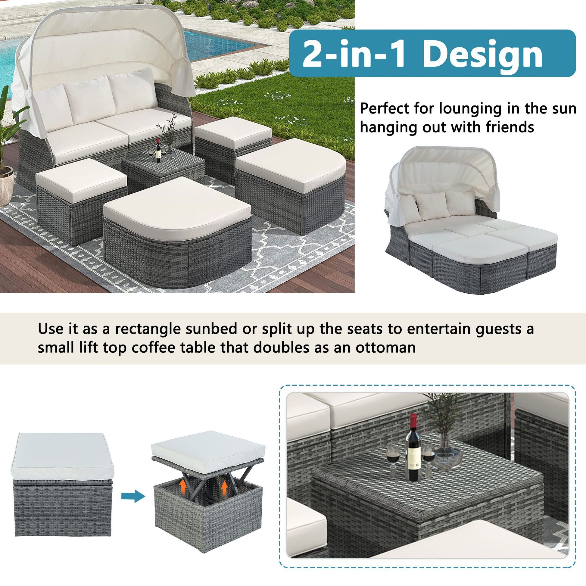 Outdoor Patio Furniture Set Daybed Sunbed with Retractable Canopy Conversation Set Wicker Furniture - Discount Msrp 