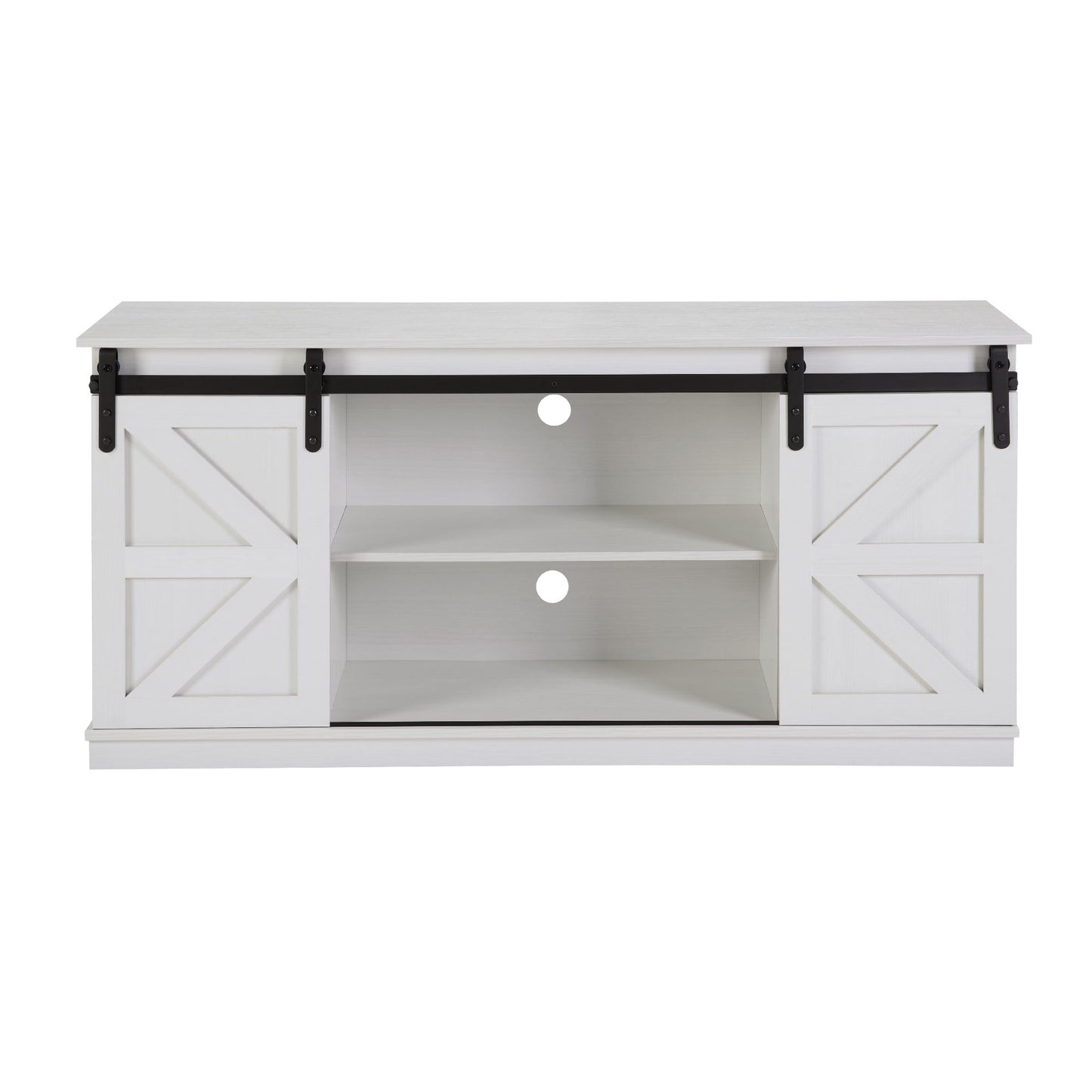 58" Farmhouse TV Stand and Entertainment Center for Televisions up to 65 Inchs,with Sliding Barn Doors and Storage Cabinets,White - Discount Msrp 