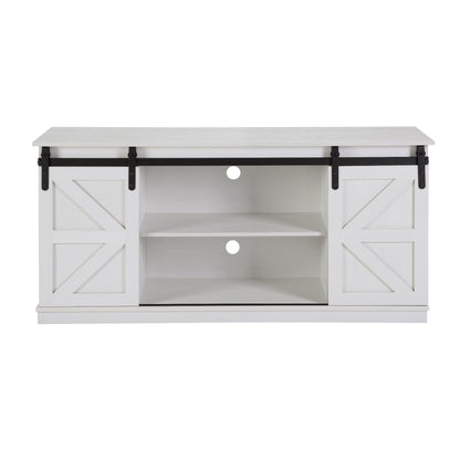 58" Farmhouse TV Stand and Entertainment Center for Televisions up to 65 Inchs,with Sliding Barn Doors and Storage Cabinets,White - Discount Msrp 