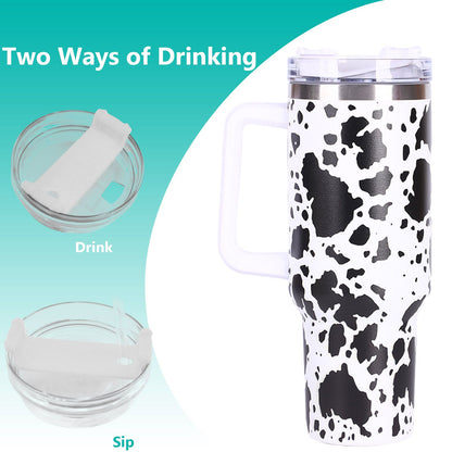 40oz 5D cowprint Insulated Tumbler With Handle And Straw Lid Portable Large Capacity water bottle, Heat preservation,304 Stainless Steel Cup For Outdoor Sports, Travel & Camping Birthday Gift - Discount Msrp 