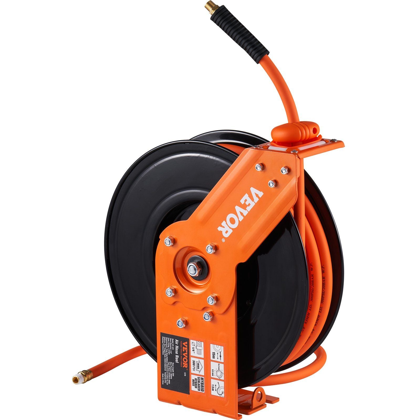 VEVOR Retractable Air Hose Reel, 3/8 IN x 50 FT Hybrid Air Hose Max 300PSI, Air Compressor Hose Reel with 5 ft Lead in, Ceiling / Wall Mount Heavy Duty Single Arm Steel Reel - Discount Msrp 