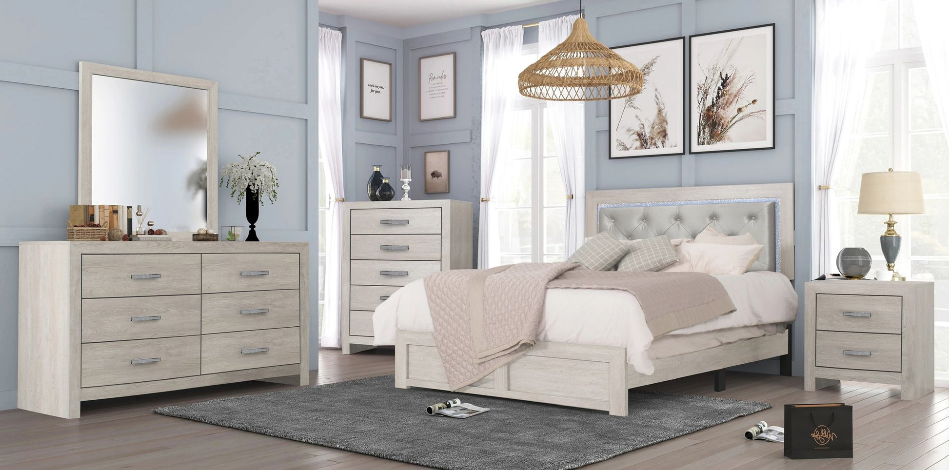 1pc Modern King Panel Bed with Headboard Lighting Beige Finish Faux Leather Upholstery Button Tufted Wooden Bedroom Furniture - Discount Msrp 