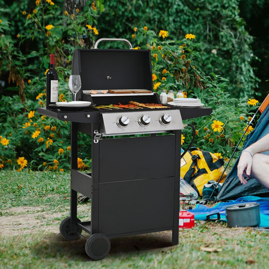 Propane Gas Grill 3 Burner Barbecue Grill, Stainless Steel 26,000 BTU Patio Garden Barbecue Grill with Two Shelves, Lid, Wheels and Bottle Opener - Discount Msrp 