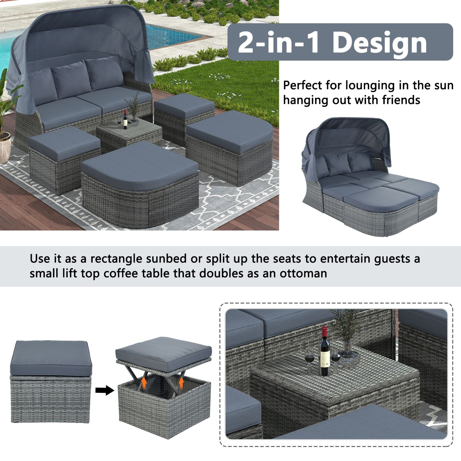 Outdoor Patio Furniture Set Daybed Sunbed with Retractable Canopy Conversation Set Wicker Furniture - Discount Msrp 