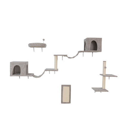 Wall-mounted Cat Tree, Cat Furniture with 2 Cat Condos House, 3 Cat Wall Shelves, 2 Ladder, 1 Cat Perch, Sisal Cat Scratching Posts and Pad - Discount Msrp 