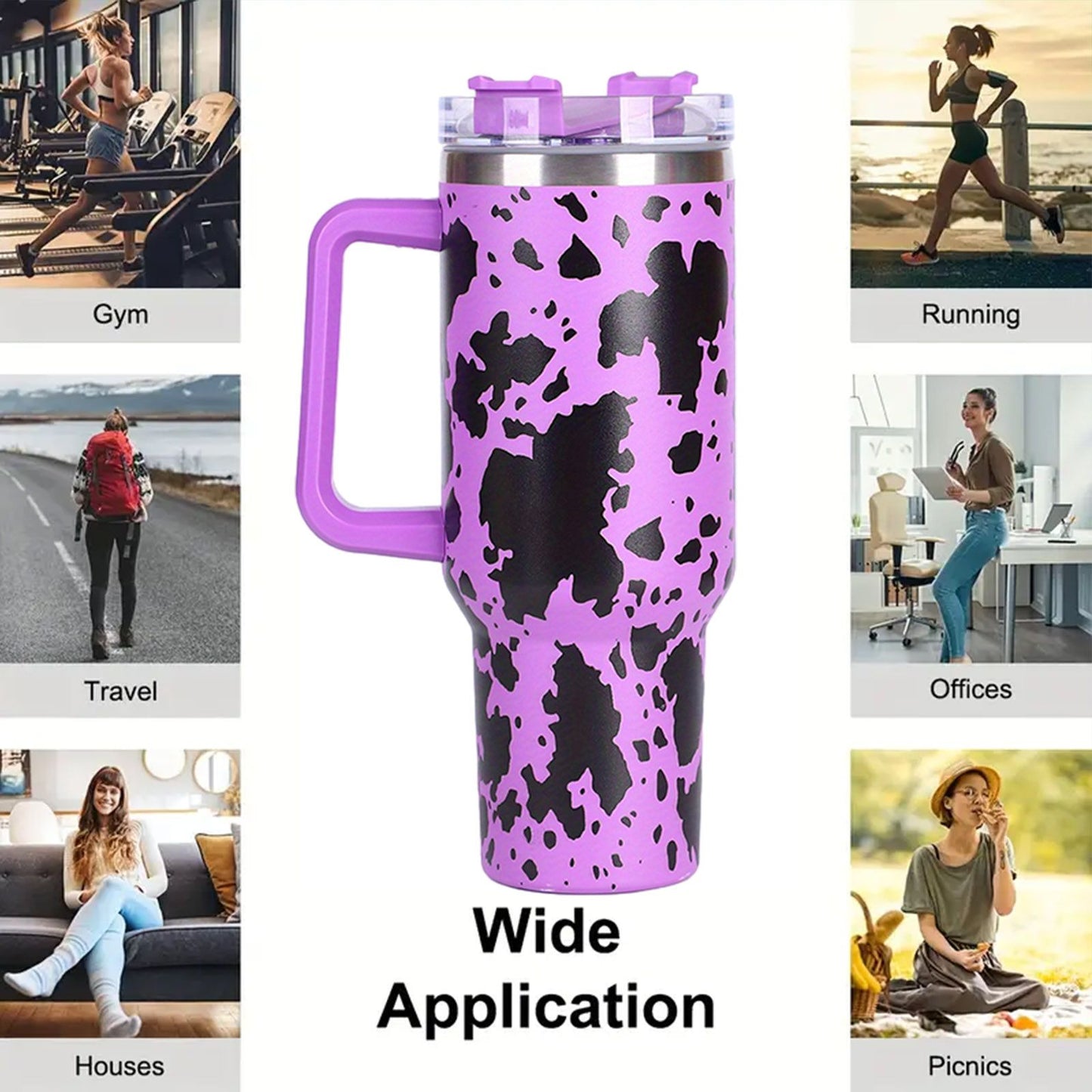 40oz 5D cowprint Insulated Tumbler With Handle And Straw Lid Portable Large Capacity water bottle, Heat preservation,304 Stainless Steel Cup For Outdoor Sports, Travel & Camping Birthday Gift - Discount Msrp 