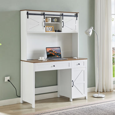 52" Farmhouse Executive Desk with Drawers, Wood Home Office Desk w/Charging Station, File Drawer, Storage Cabinet, Rustic Computer Writing Desk (Antique White) - Discount Msrp 