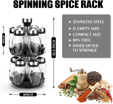 12 Glass Jar Bottles Set Revolving Spice Rack Organizer Storage for kitchen, Spice Stand Holder, Spinning Countertop Herb and Spice Rack Organizer with - Discount Msrp 