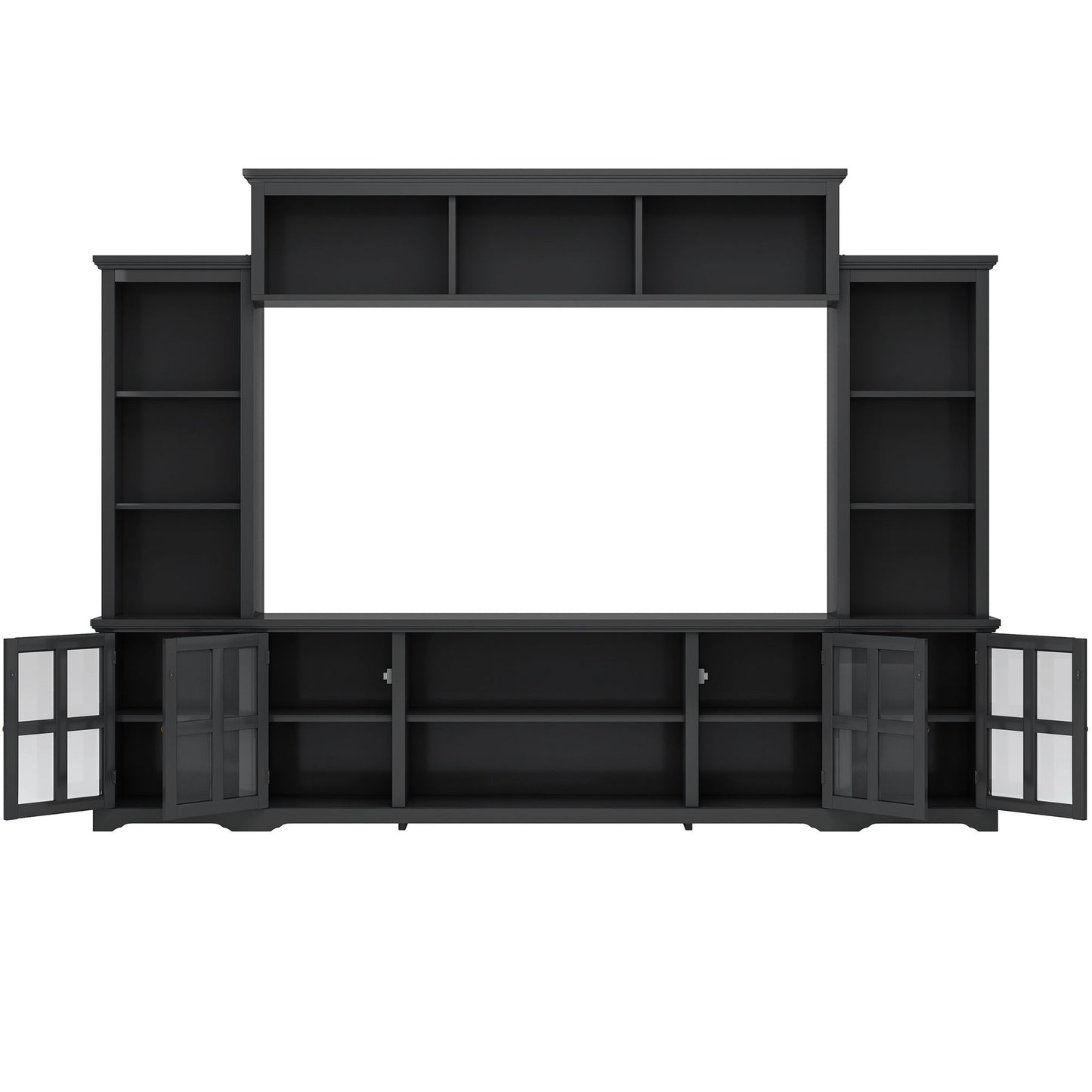 [VIDEO provided] ON-TREND Minimalism Entertainment Wall Unit with Bridge, Modern TV Console Table for TVs Up to 70", Multifunctional TV Stand with Tempered Glass Door, Black (Old SKU: SD000009AAB) - Discount Msrp 