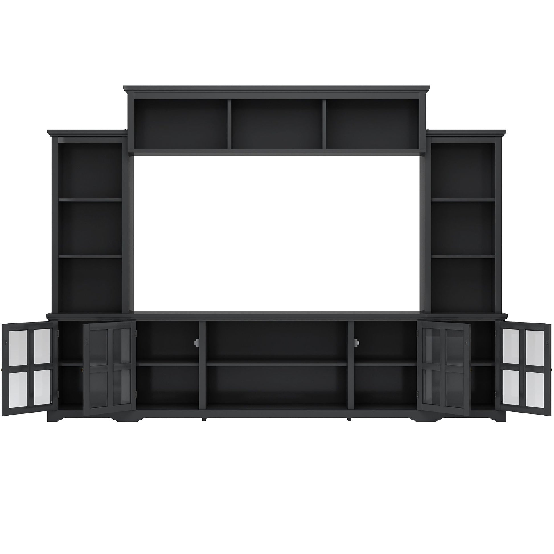 [VIDEO provided] ON-TREND Minimalism Entertainment Wall Unit with Bridge, Modern TV Console Table for TVs Up to 70", Multifunctional TV Stand with Tempered Glass Door, Black (Old SKU: SD000009AAB) - Discount Msrp 