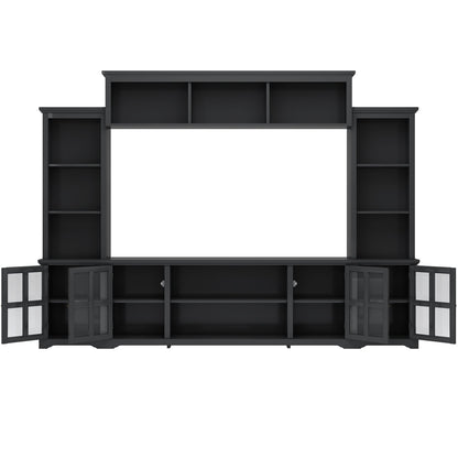 [VIDEO provided] ON-TREND Minimalism Entertainment Wall Unit with Bridge, Modern TV Console Table for TVs Up to 70", Multifunctional TV Stand with Tempered Glass Door, Black (Old SKU: SD000009AAB) - Discount Msrp 