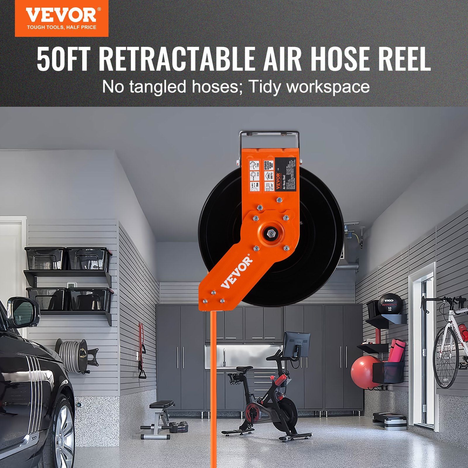VEVOR Retractable Air Hose Reel, 3/8 IN x 50 FT Hybrid Air Hose Max 300PSI, Air Compressor Hose Reel with 5 ft Lead in, Ceiling / Wall Mount Heavy Duty Single Arm Steel Reel - Discount Msrp 