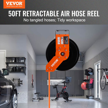 VEVOR Retractable Air Hose Reel, 3/8 IN x 50 FT Hybrid Air Hose Max 300PSI, Air Compressor Hose Reel with 5 ft Lead in, Ceiling / Wall Mount Heavy Duty Single Arm Steel Reel - Discount Msrp 