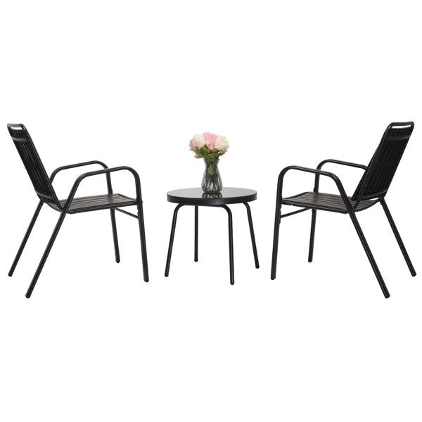 3-Piece Patio Bistro Table Set, Outdoor Furniture Set with 2 Stackable Patio Dining Chairs and Glass Table for Yard Balcony Porch, Black and Coffee - Discount Msrp 