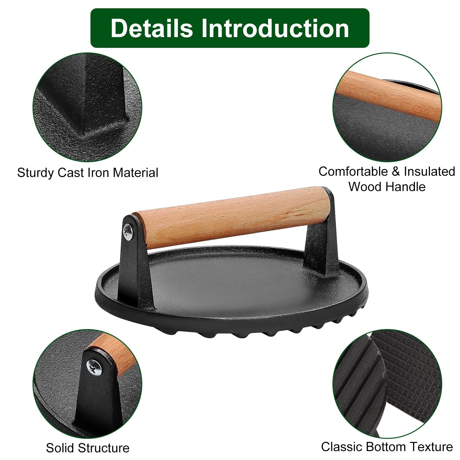 2Pcs Cast Iron Grill Press Pre-Seasoned Steak Weights Smash Burger Press Bacon Meat Smasher with Wood Handle 7in Round & 8.2x4.25in Rectangular Grill Press - Discount Msrp 
