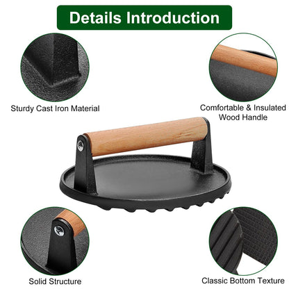 2Pcs Cast Iron Grill Press Pre-Seasoned Steak Weights Smash Burger Press Bacon Meat Smasher with Wood Handle 7in Round & 8.2x4.25in Rectangular Grill Press - Discount Msrp 