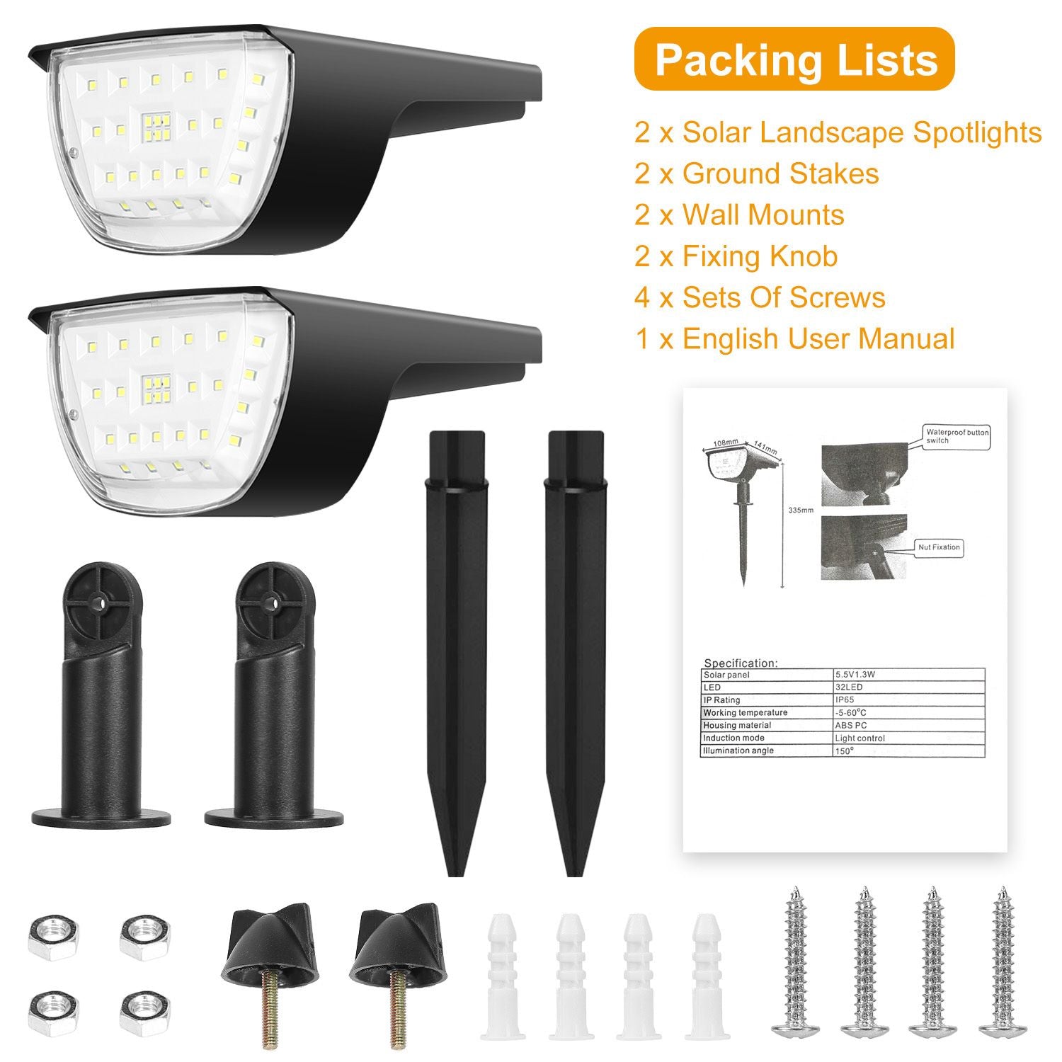 Solarek 32 LEDs Solar Landscape Spotlights IP65 Waterproof Solar Lights Auto On/Off Solar Powered Security Wall Lights - Discount Msrp 