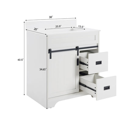 [VIDEO provided]30" Bathroom Vanity with Single Sink Combo, Farmhouse Undermount Bathroom Sink Cabinet with Sliding Barn Doors and 2 Drawers, Freestanding Bathroom Vanities,White - Discount Msrp 