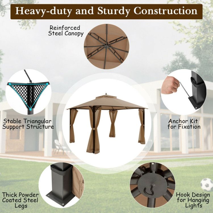 12 x 10 Feet Outdoor Double Top Patio Gazebo with Netting - Discount Msrp 