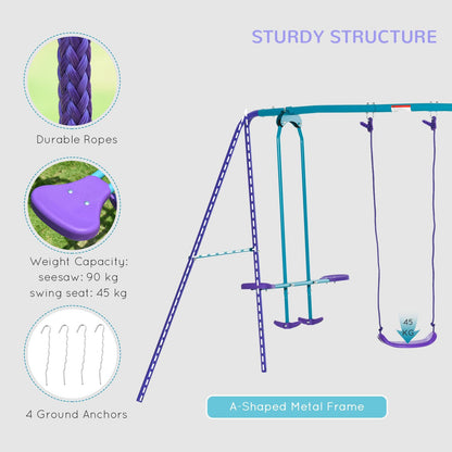 Outsunny Metal Swing Set with Glider, Two Swing Seats and Adjustable Height, Outdoor Heavy Duty A-Frame Suitable for Playground, Backyard, Purple - Discount Msrp 
