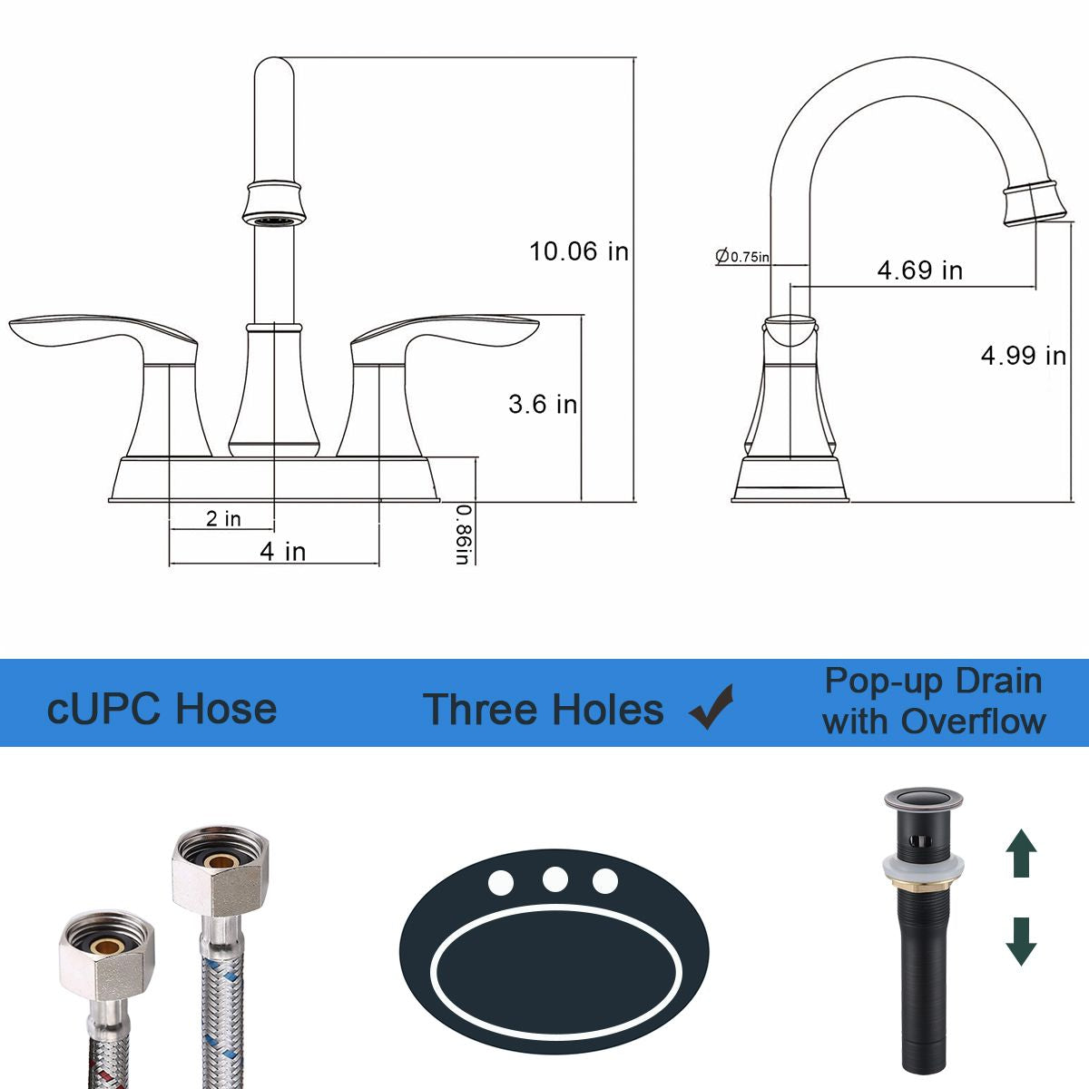 2-Handle 4-Inch Oil Rubbed Bronze Bathroom Faucet, Bathroom Vanity Sink Faucets with Pop-up Drain and Supply Hoses - Discount Msrp 