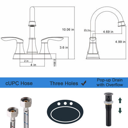 2-Handle 4-Inch Oil Rubbed Bronze Bathroom Faucet, Bathroom Vanity Sink Faucets with Pop-up Drain and Supply Hoses - Discount Msrp 