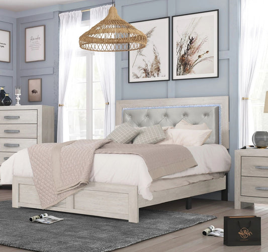 1pc Modern King Panel Bed with Headboard Lighting Beige Finish Faux Leather Upholstery Button Tufted Wooden Bedroom Furniture - Discount Msrp 