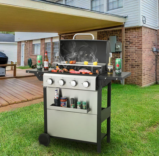 4-Burner Propane Gas BBQ Grill, 34200BTU Output With Wire Enamel Cooking Grids For Outdoor Barbecue, Foldable Side Table, Hanging Basket, Stainless Steel - Discount Msrp 