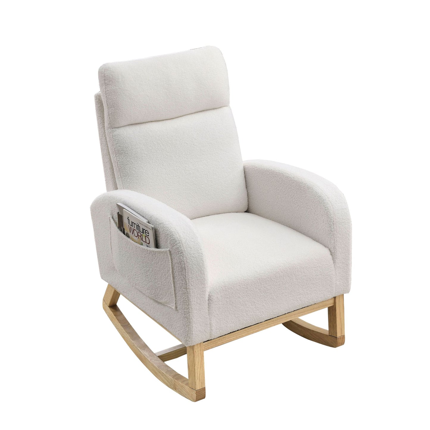 [Video] Welike 27.6"W Modern Accent High Backrest Living Room Lounge Arm Rocking Chair, Two Side Pocket ,Teddy White (Ivory) - Discount Msrp 