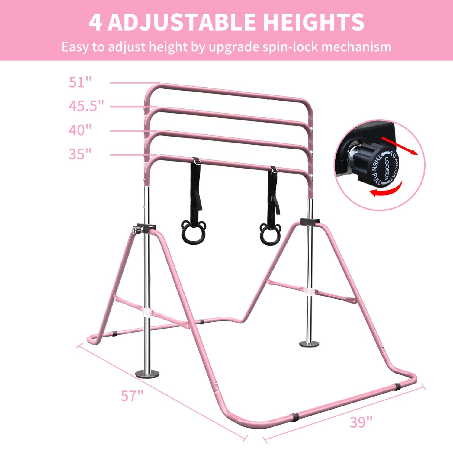 Pink Multi-Functional Adjustable Height Children's Horizontal Gymnastic Bar With Bear Rings - Discount Msrp 