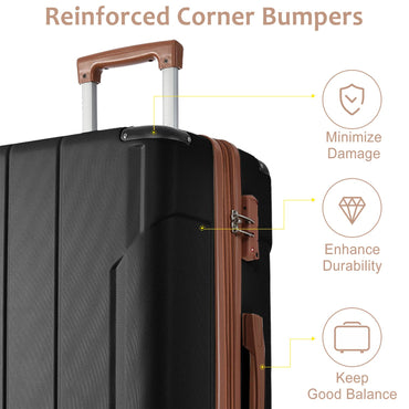 Luggage Sets 3 Piece, Hard shell ABS Lightweight Durable Suitcases with Double Spinner Wheels 20/24/28 Inch (Black Brown) - Discount Msrp 
