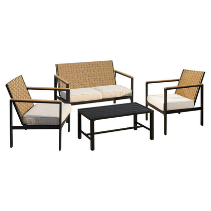 4 Pieces Metal Patio Furniture Set, Hand-Made Drawstring Outdoor Patio Conversation Sets Outside loveseat with Soft Cushion for Garden, Backyard, Porch, Poolside - Discount Msrp 