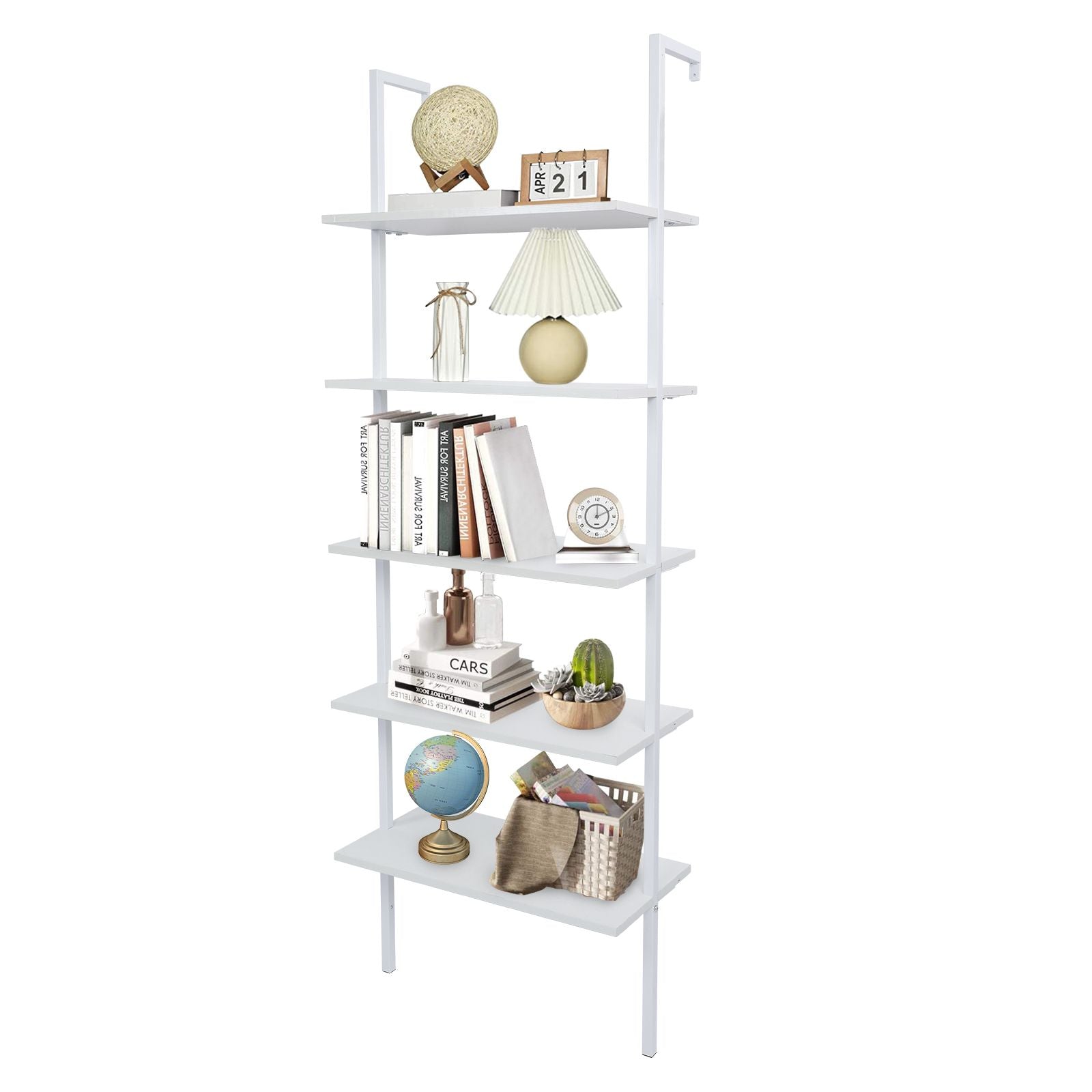 5-Shelf Wood Ladder Bookcase with Metal Frame Industrial 5-Tier Modern Ladder Shelf - Discount Msrp 