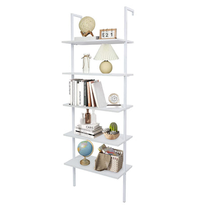 5-Shelf Wood Ladder Bookcase with Metal Frame Industrial 5-Tier Modern Ladder Shelf - Discount Msrp 