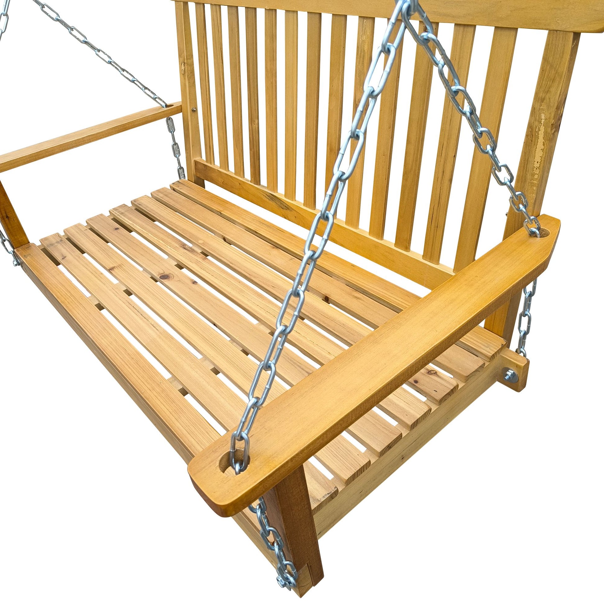 Front Porch Swing with Armrests, Wood Bench Swing with Hanging Chains,for Outdoor Patio ,Garden Yard, porch, backyard, or sunroom,Easy to Assemble,teak - Discount Msrp 
