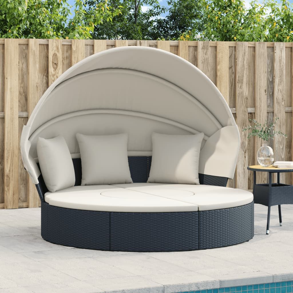 Patio Lounge Bed with Canopy and Cushions Black Poly Rattan - Discount Msrp 