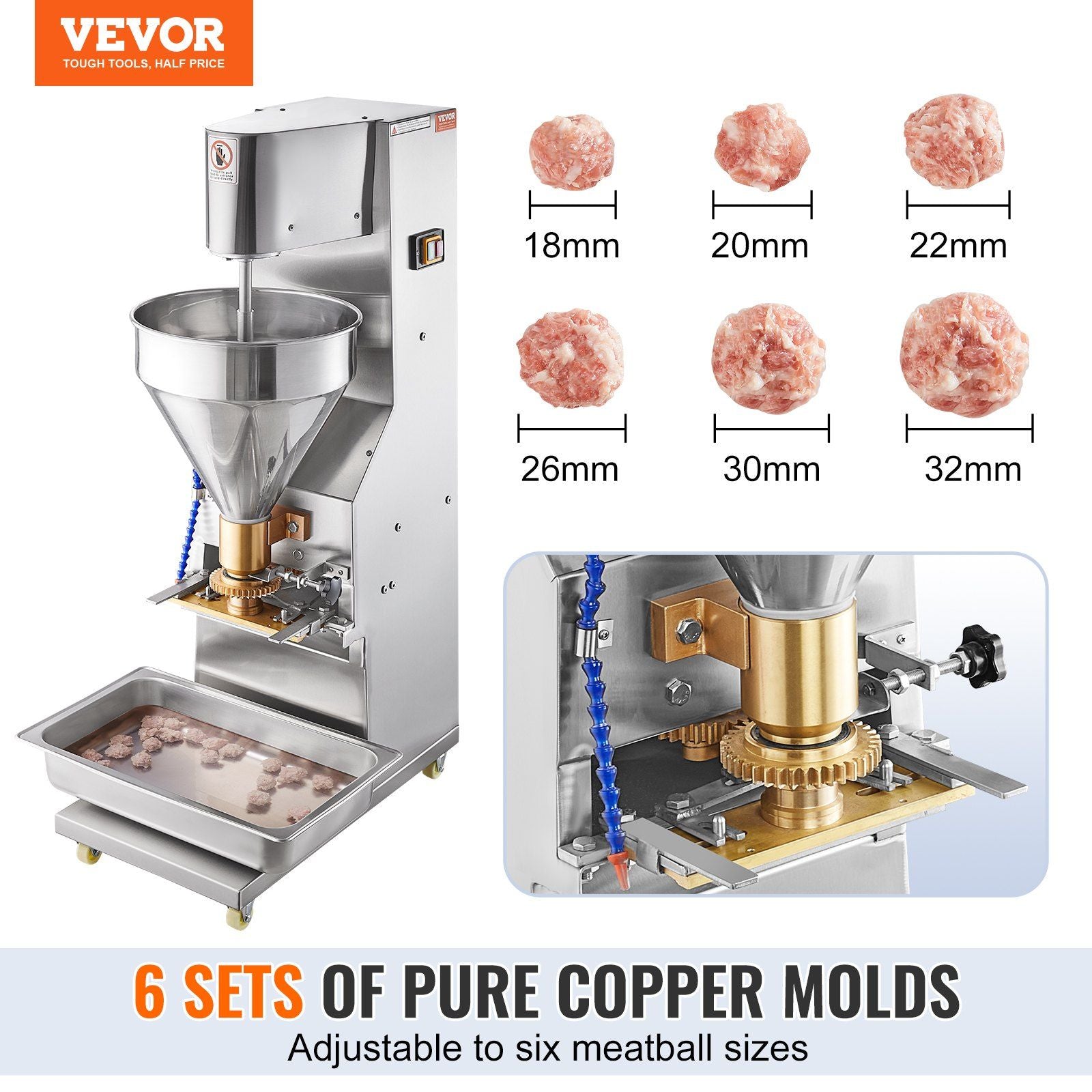 VEVOR Commercial Meatball Forming Machine, 280 PCs/min Automatic Meatball Maker, 1100W Electric Fish Beef Pork Shrimp Ball Making Tool, Stainless Steel Meatball Former with 18/20/22/26/30/32 mm Models - Discount Msrp 