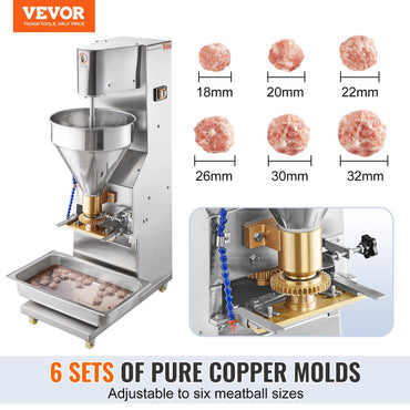 VEVOR Commercial Meatball Forming Machine, 280 PCs/min Automatic Meatball Maker, 1100W Electric Fish Beef Pork Shrimp Ball Making Tool, Stainless Steel Meatball Former with 18/20/22/26/30/32 mm Models - Discount Msrp 