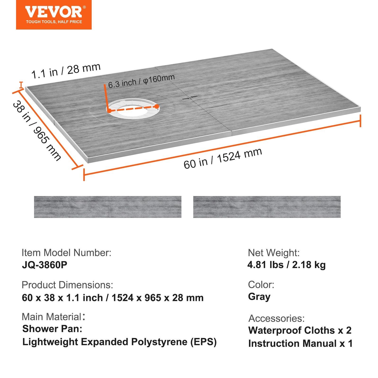 VEVOR Shower Curb Kit, 60"x38" Shower Pan Kit with 6.3" Offset Drain, Lightweight EPS Shower Installation Kits with 2 Waterproof Cloths, Shower Pan Slope Sticks Fit for Bathroom - Discount Msrp 