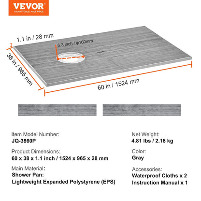 VEVOR Shower Curb Kit, 60"x38" Shower Pan Kit with 6.3" Offset Drain, Lightweight EPS Shower Installation Kits with 2 Waterproof Cloths, Shower Pan Slope Sticks Fit for Bathroom - Discount Msrp 