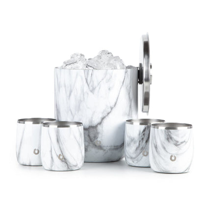 Stainless Steel Ice Bucket with Rocks Glass Set, Marble - Discount Msrp 