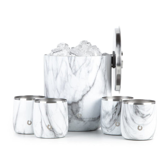 Stainless Steel Ice Bucket with Rocks Glass Set, Marble - Discount Msrp 