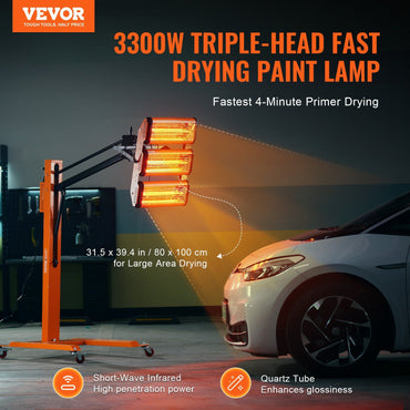 VEVOR Infrared Curing Lamp, 3300W 1-60 min Timing, Auto Heating Car Curing Light with Bracket, 8.61 sq.ft Baking Area Spray Baking Booth Heaters, Paint Dryer for On-Site Repair, Engine Drying 1 Pack - Discount Msrp 