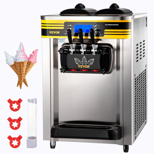 VEVOR Commercial Ice Cream Maker, 22-30L/H Yield, 2350W Countertop Soft Serve Machine w/ 2x6L Hopper 2L Cylinder LCD Panel Puffing Shortage Alarm, Frozen Yogurt Maker for Restaurant Snack Bar, Silver - Discount Msrp 