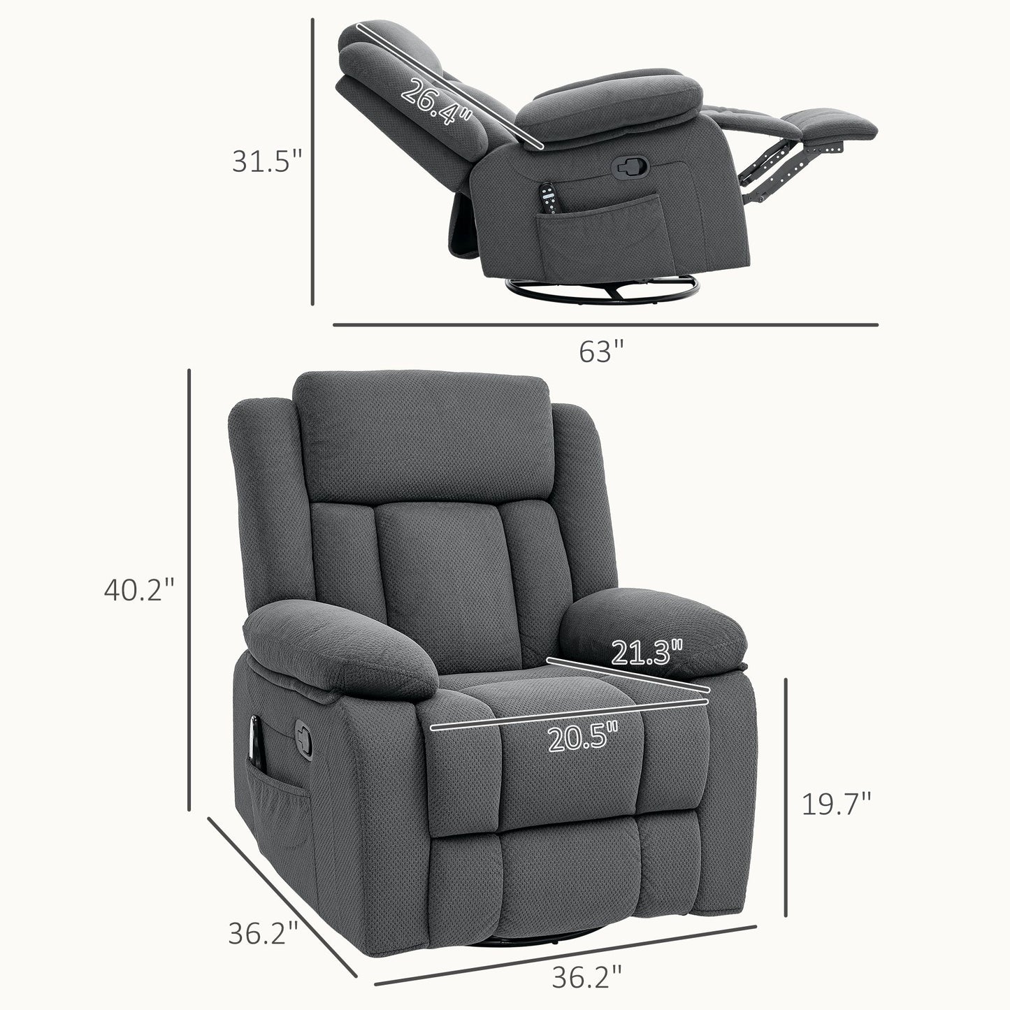 Recliner Massage Armchair with Heat, Oversized Swivel Rocker with Footrest, Remote and Side Pockets, Gray - Discount Msrp 