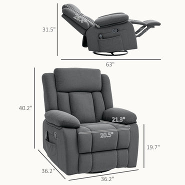 Recliner Massage Armchair with Heat, Oversized Swivel Rocker with Footrest, Remote and Side Pockets, Gray - Discount Msrp 