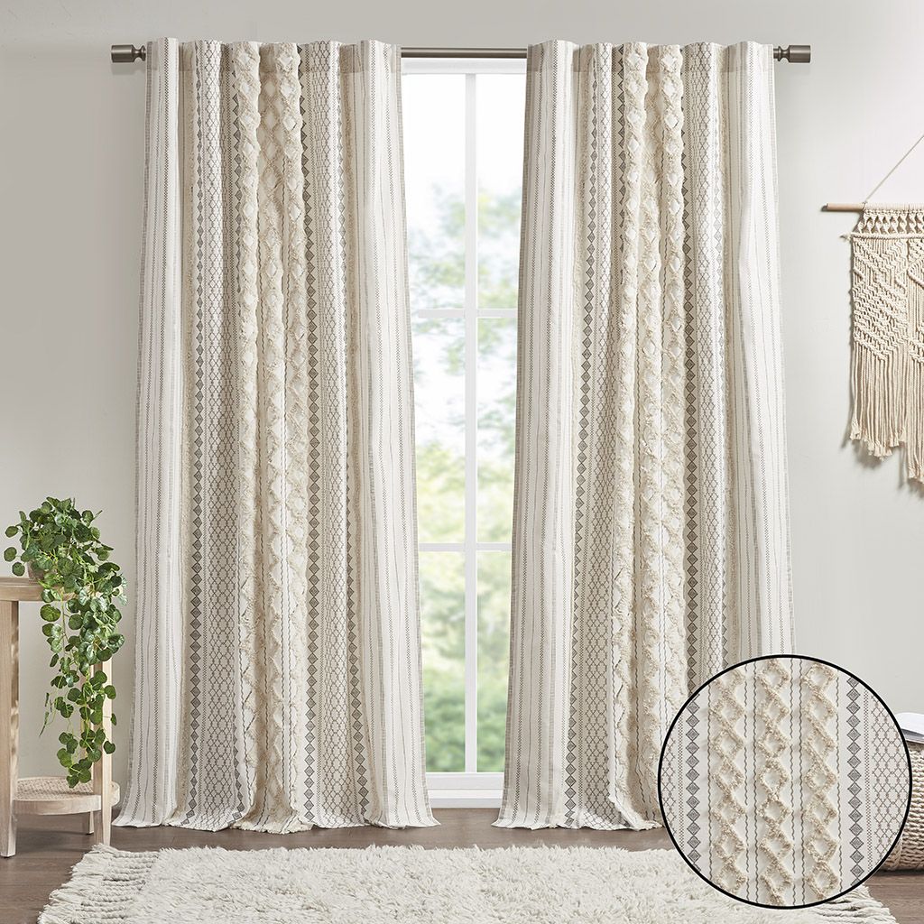 Cotton Printed Curtain Panel with Chenille Stripe and Lining(Only 1 Pc Panel) - Discount Msrp 