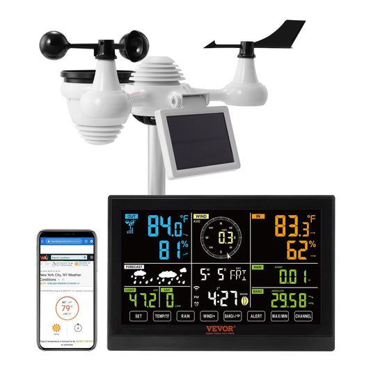 VEVOR 7-in-1 Wi-Fi Weather Station, 7.5 in Color Display, Home Weather Station Indoor Outdoor, with Solar Wireless Outdoor Sensor Alarm Alerts, for Temperature Humidity Wind Speed/Direction Rain - Discount Msrp 