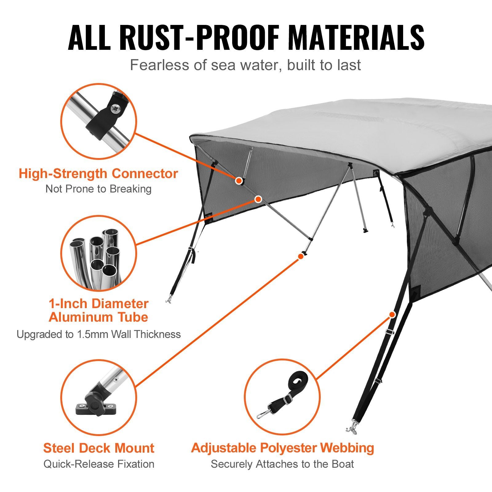 VEVOR 4 Bow Bimini Top Boat Cover, Detachable Mesh Sidewalls, 600D Polyester Canopy with 1" Aluminum Alloy Frame, Includes Storage Boot, 2 Straps, 2 Support Poles, 8'L x 54"H x 85"-90"W, Light Grey - Discount Msrp 