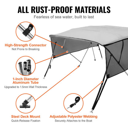VEVOR 4 Bow Bimini Top Boat Cover, Detachable Mesh Sidewalls, 600D Polyester Canopy with 1" Aluminum Alloy Frame, Includes Storage Boot, 2 Straps, 2 Support Poles, 8'L x 54"H x 85"-90"W, Light Grey - Discount Msrp 